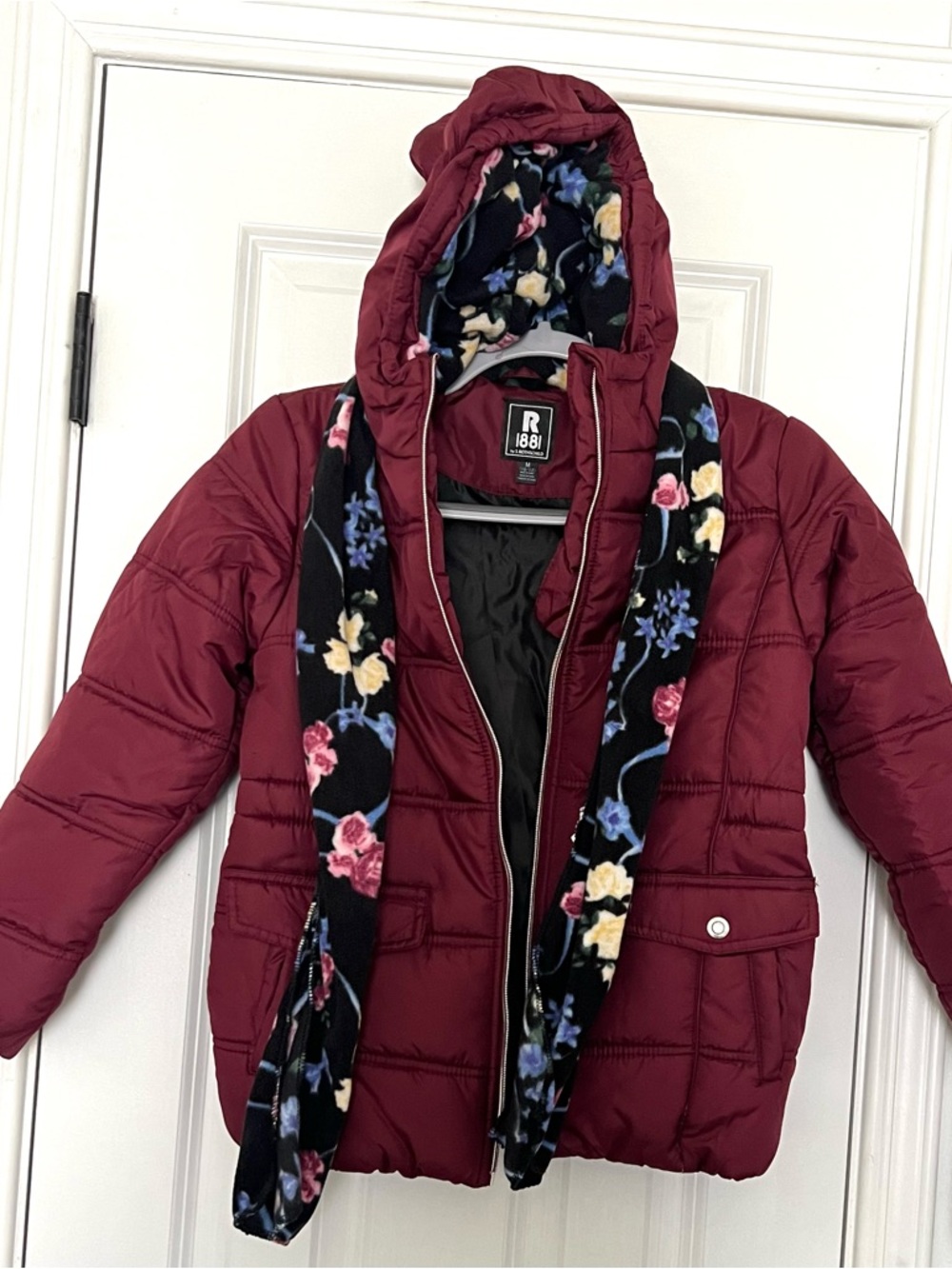 Rothschild Maroon Hooded Puffer Jacket with Floral Scarf Lining